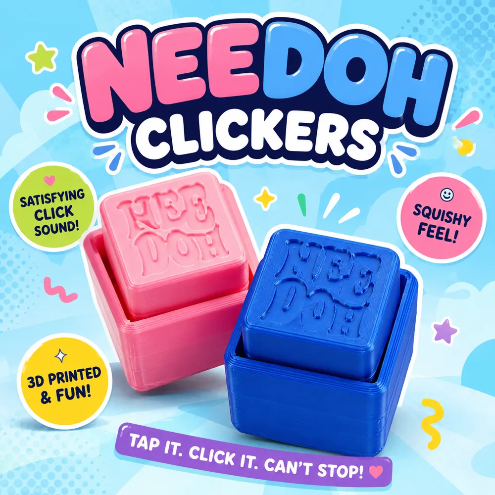 Alternate NeeDoh Clicker photo showing printed clicker cubes in several colours.