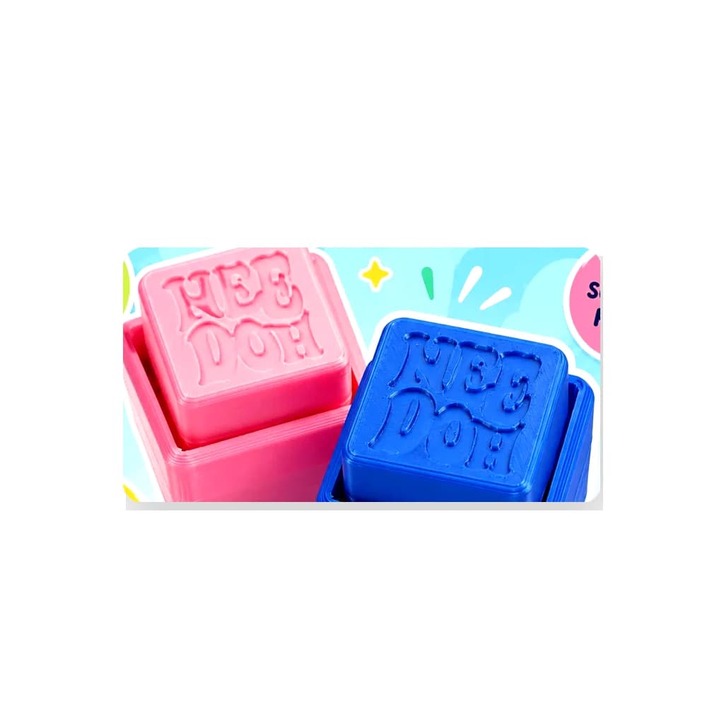 Clean product photo of pink and blue NeeDoh Clickers on a white background.