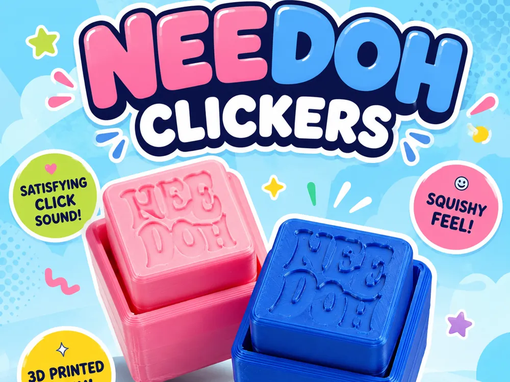NeeDoh Clickers main product graphic with pink and blue cubes.